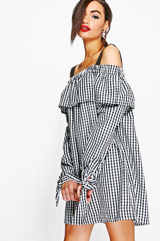 Julia Gingham Off Shoulder Tie Smock Dress